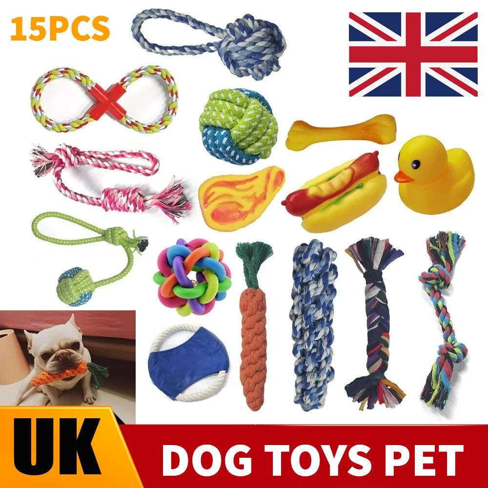 15x Tough Dog Toys Bundle Chew Rope Knot Ball Squeakers Pet Puppy Teething Toy